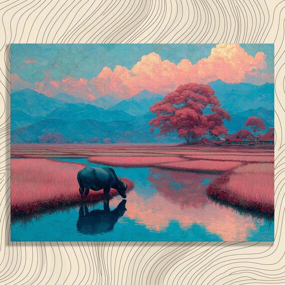 Water Buffalo Landscape Canvas Wall Art Colorful Farmhouse Style Print With Pink Rice Fields Trees Blue Mountains Reflective Stream Gift