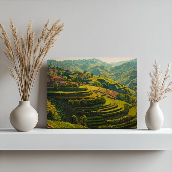 Rice Terraces Canvas Wall Art Impressionist Landscape Painting Rustic Farmhouse Decor Terraced Hillside Nature Print Sunrise Gift
