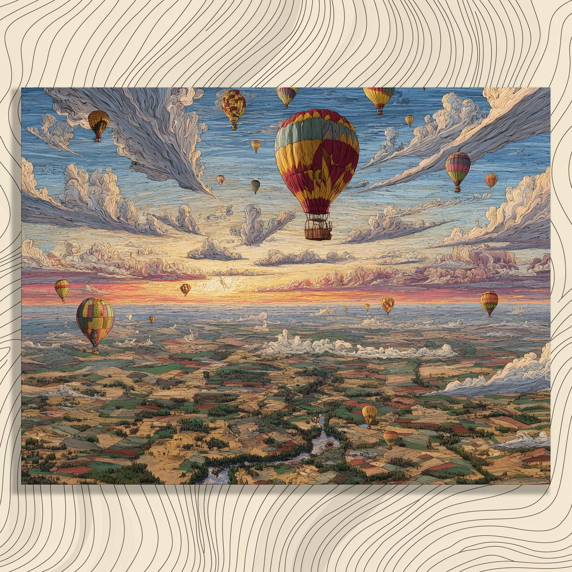 Hot Air Balloons Sunset Patchwork Countryside Whimsical Sky Poster