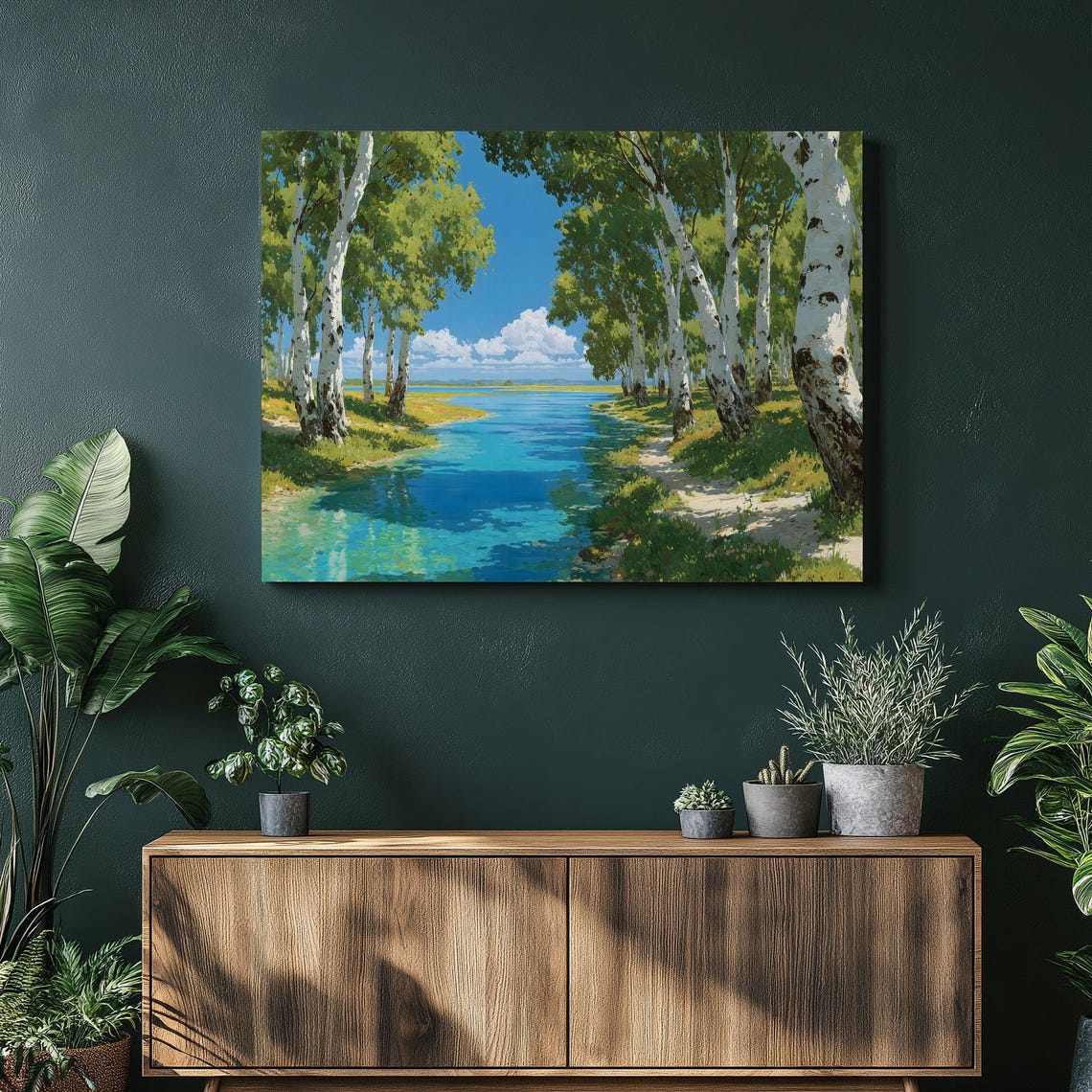 Birch Trees by Turquoise River Serene Summer Landscape Painting Poster