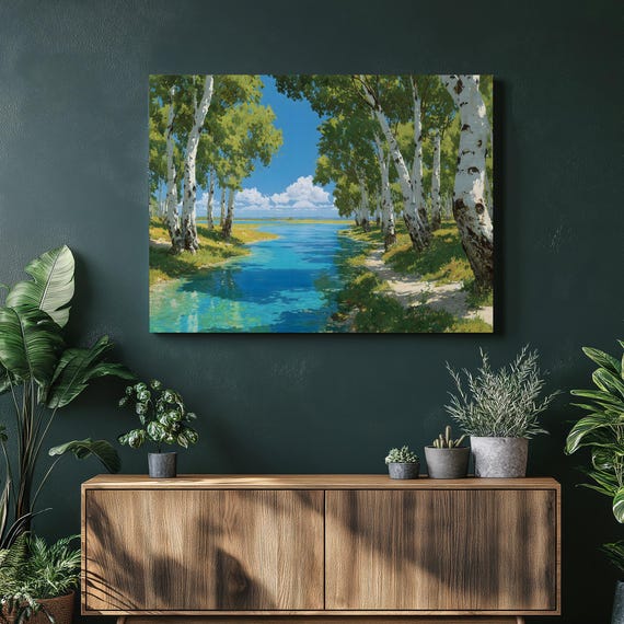 Birch Lake Landscape Canvas Wall Art Serene Trees By Turquoise Colorful Forest Water Reflection Rustic Cabin