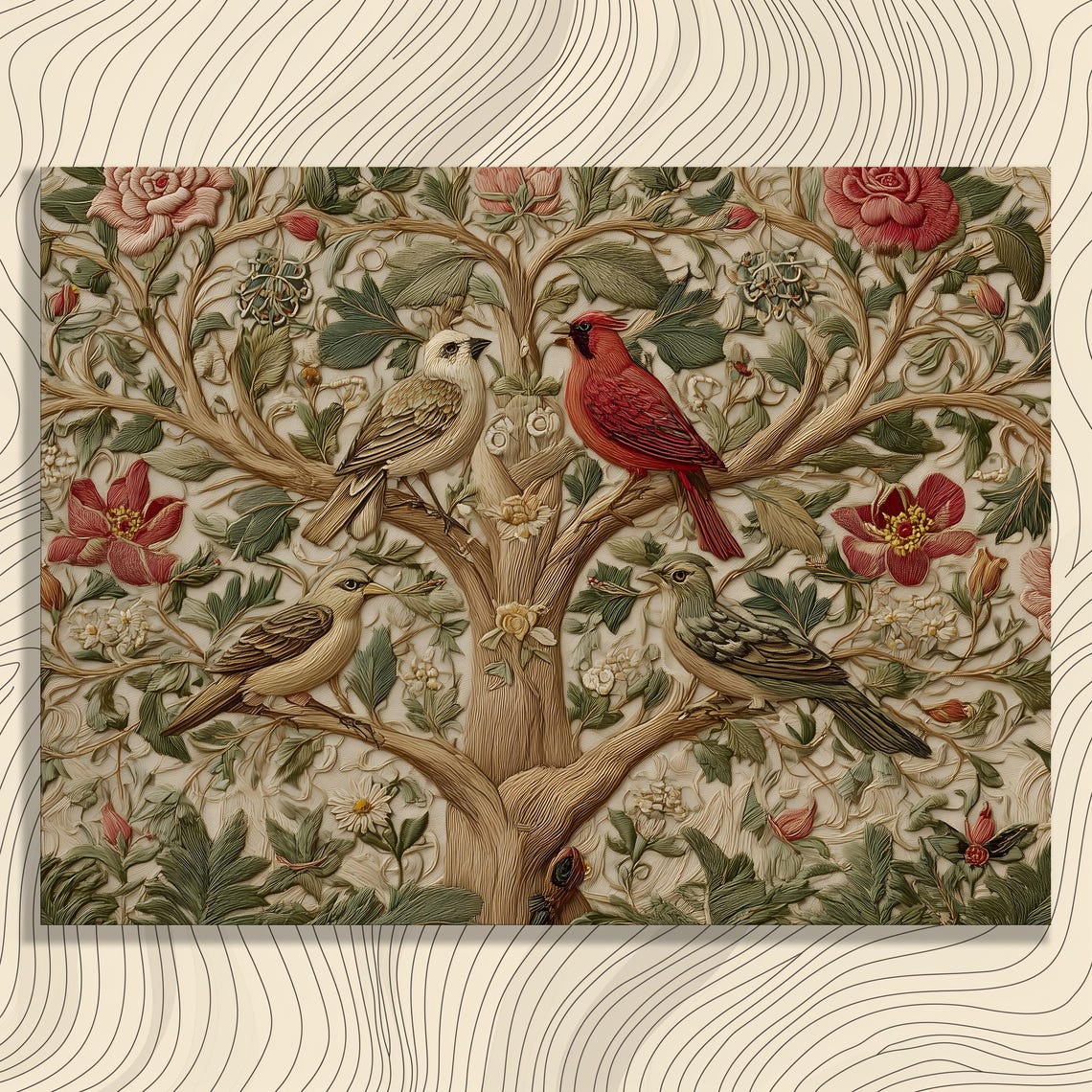 Vintage Botanical Songbirds Tree Tapestry Style Canvas Wall Art