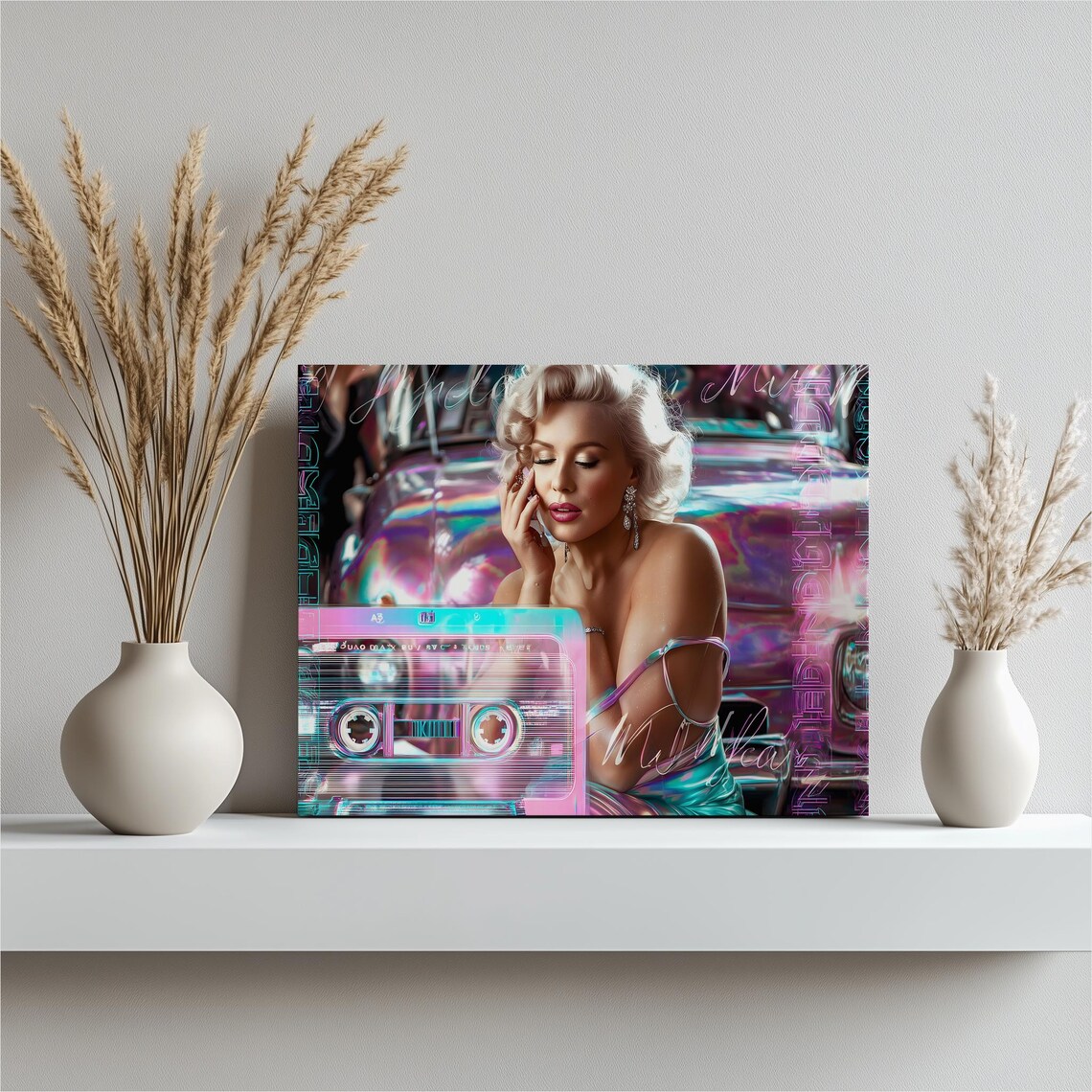 Blonde Bombshell Vaporwave Neon Cassette Tape Holographic Art Poster