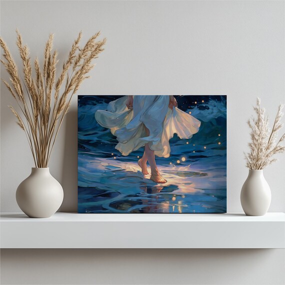 Moonlight Beach Barefoot Woman Flowing Dress Ocean Painting Wall Art