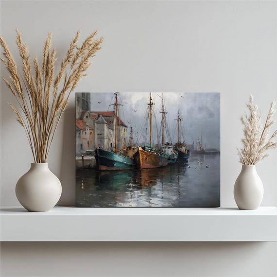 Harbor Boats Canvas Wall Art Coastal Nautical Decor With Vintage Fishing Vessels At A Marina Dock Ocean Seascape Sailboat Print