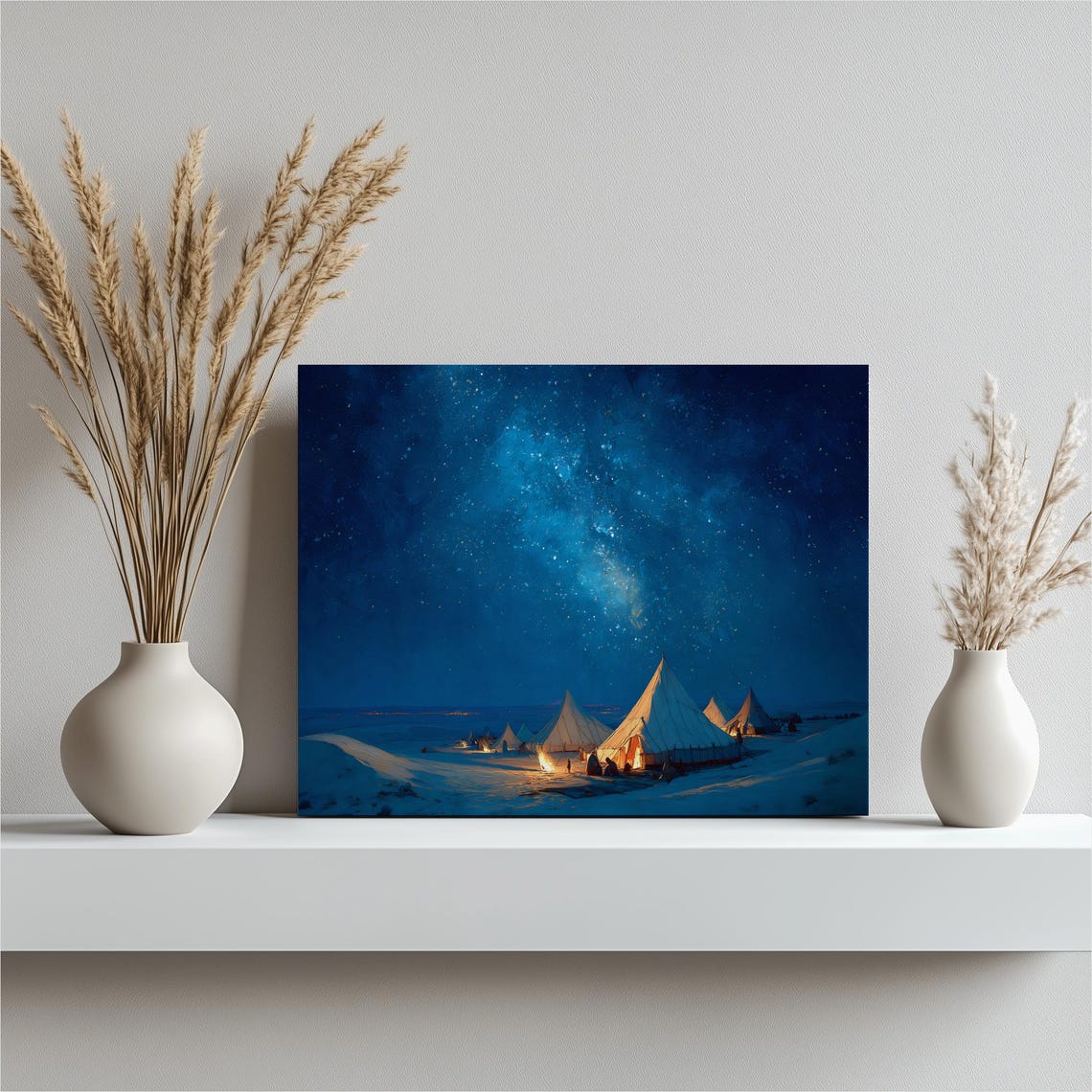 Starry Night Sky Canvas Wall Art Milky Way Painting Desert Camp Print With Campfire Tents Sand Dunes Decor Gift Landscape