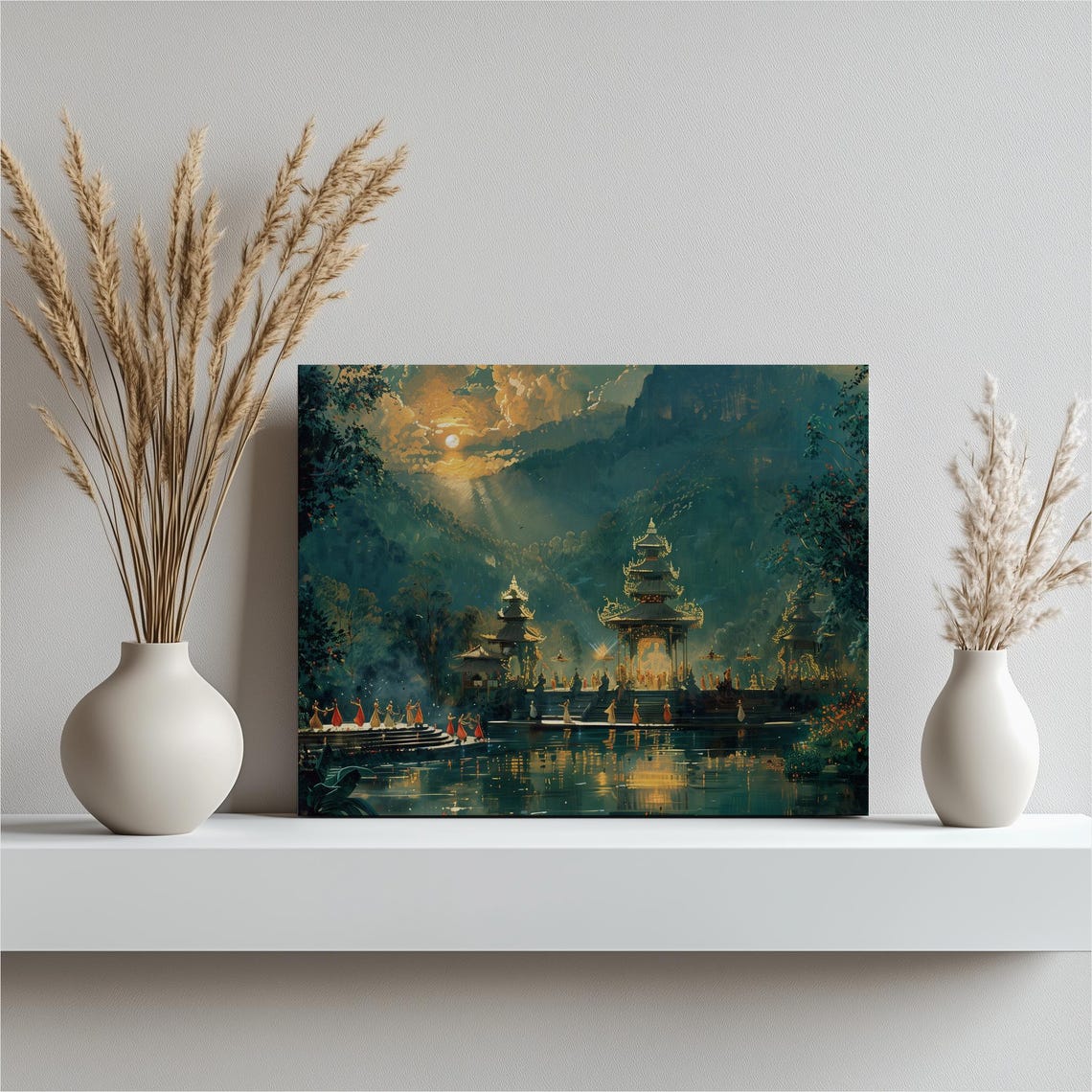 Bali Temple Dance Dusk Oil Painting Traditional Ceremony Poster