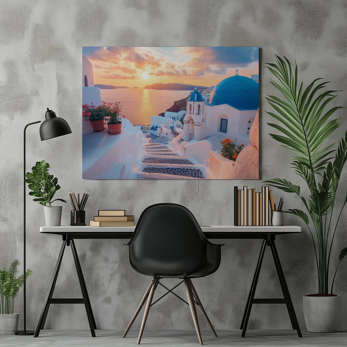 Santorini Sunset with White Church Blue Dome Photography Poster