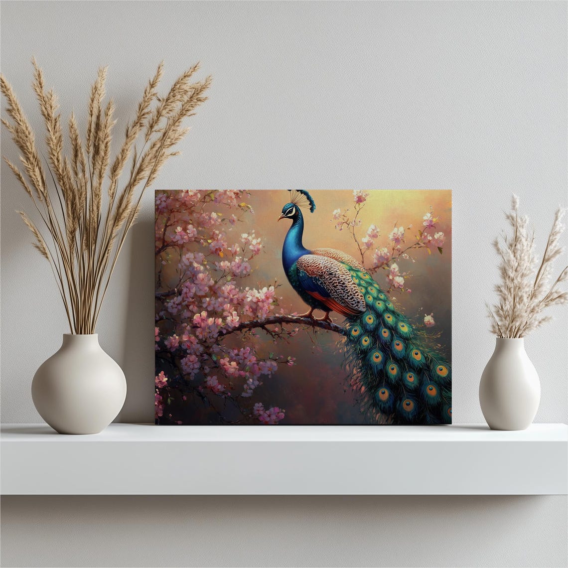 Peacock Among Pink Cherry Blossom Branches Vintage Style Poster
