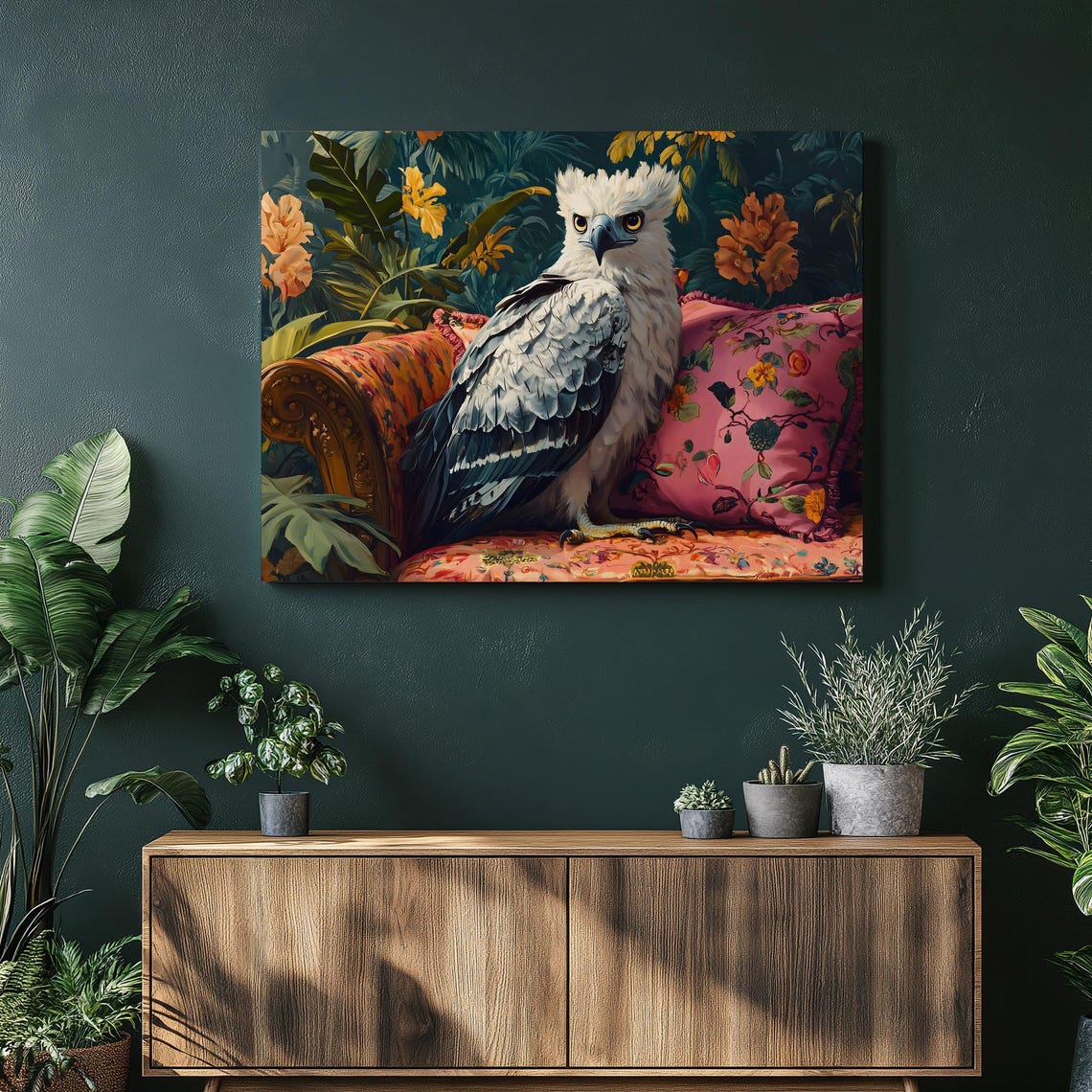 Harpy Eagle on Vintage Sofa Print Tropical Foliage Maximalist Bird Art