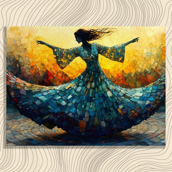 Vibrant Woman Dance Canvas Wall Art Abstract Mosaic Impressionism Bohemian Eclectic Flowing Dress Colorful Decor Gift For Lovers