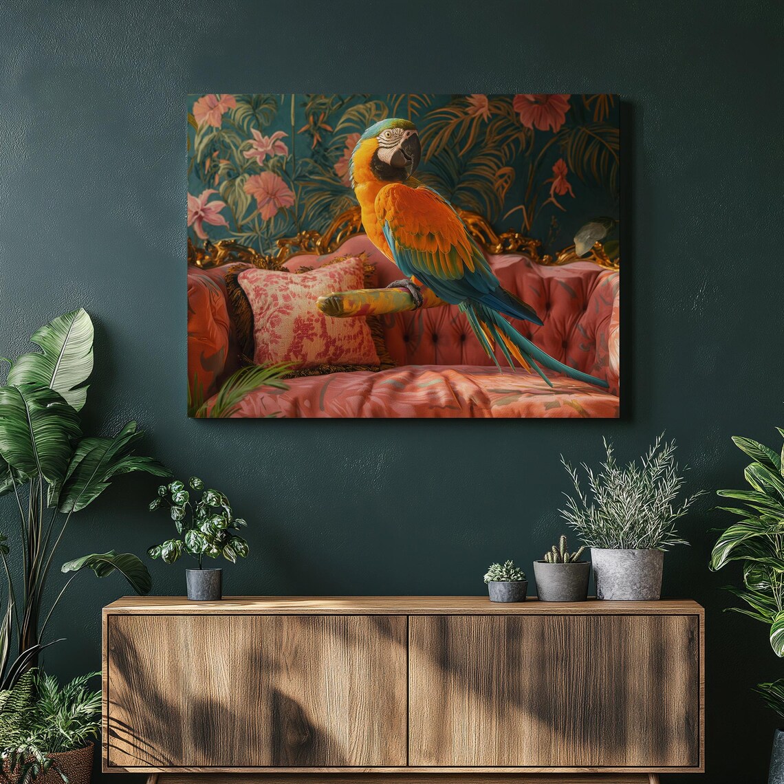 Blue And Gold Macaw Parrot On Perch Tropical Maximalist Art Poster