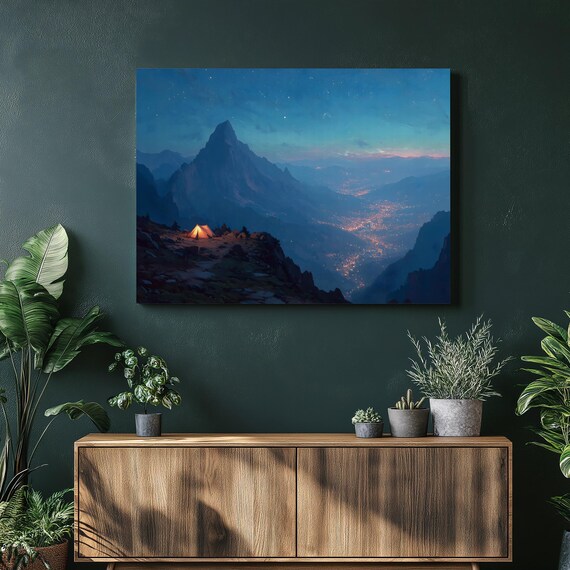 Night Mountain Camping Tent Under Stars Above City Lights Poster