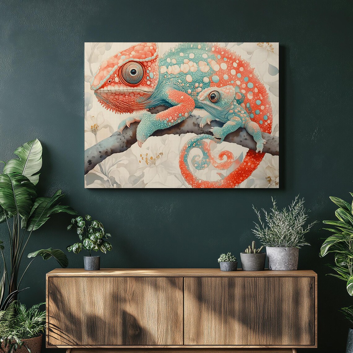 Chameleon Mother And Baby Coral Teal Watercolor Reptile Poster
