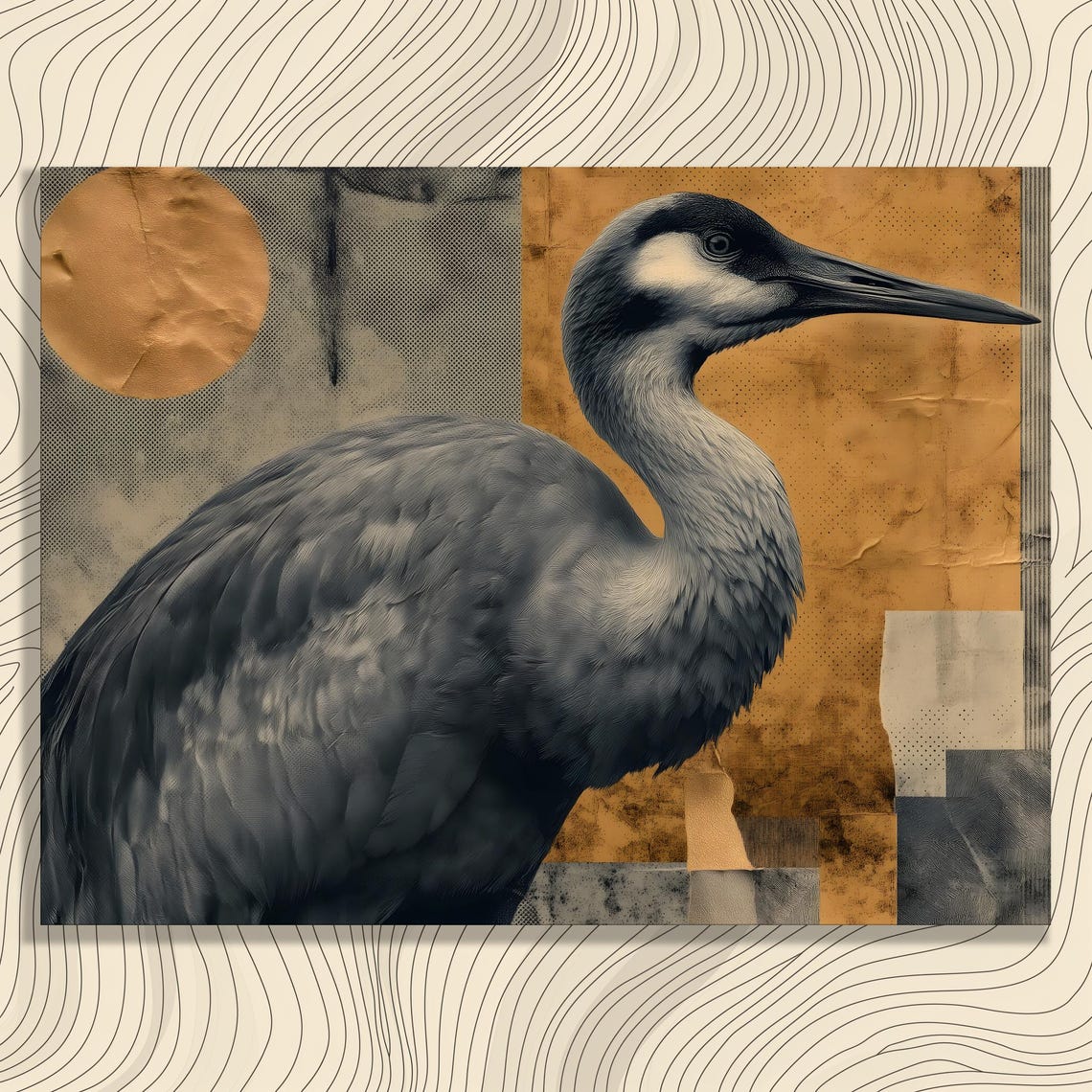 Modern Crane Bird Gold Gray Geometric Collage Minimalist Wall Art