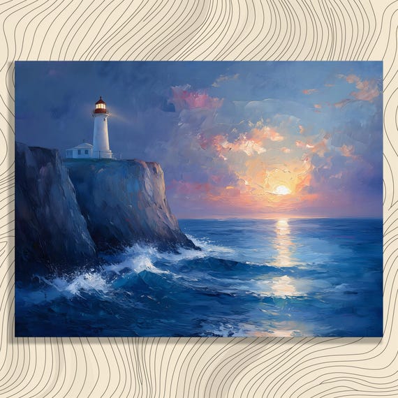 Serene Seascape Canvas Wall Art Sunset Painting Ocean View Beach Scene Lighthouse Coastal Decor Modern Home