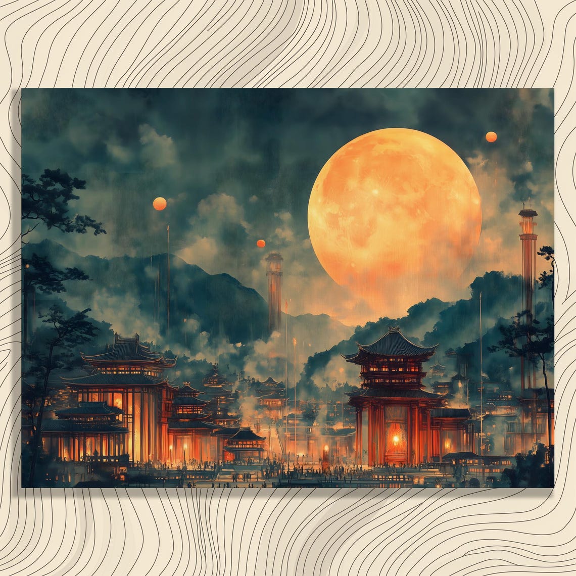 Moonlit Temple Canvas Wall Art Dark Gothic Surrealist Landscape Print Mystical Oriental Moon Phase Home Decor Ethereal Fantasy Gift