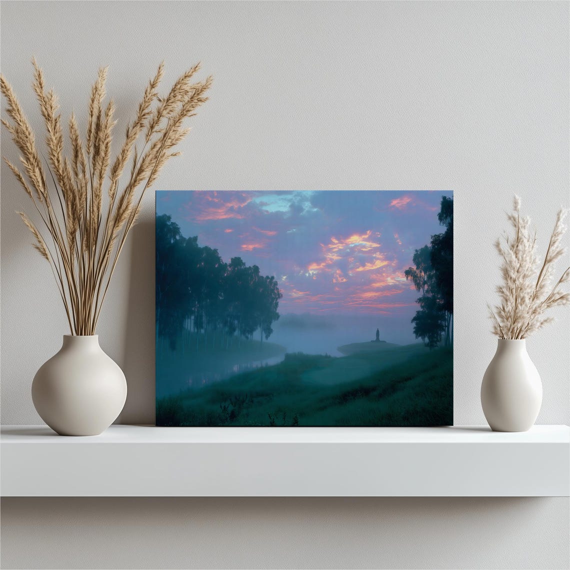 Misty River Forest Canvas Wall Art Serene Foggy Landscape Print Birch Trees Dawn Clouds Tranquil Minimalist Decor Nature Gift Painting