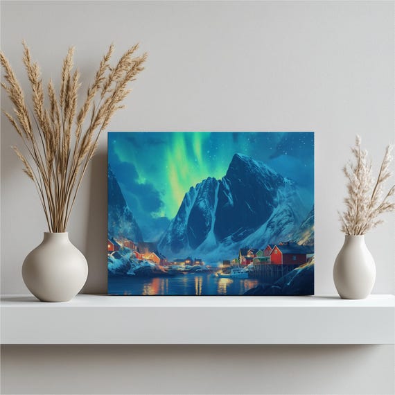 Norway Canvas Wall Art Lofoten Fishing Village By The Sea Under Northern Lights Aurora Borealis Winter Landscape Print For Home Decor