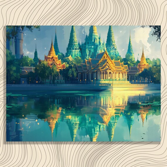 Golden Thai Temple Complex River Reflection Ornate Spires Evening Wall Art