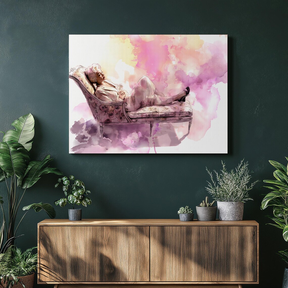Elegant Woman Reclining on Floral Chaise Pink Watercolor Art Poster