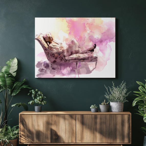 Vintage Glamour Canvas Wall Art Pink Floral Chaise Portrait Print Feminine Gift Elegant Reclining Woman Decor Fashion Illustration