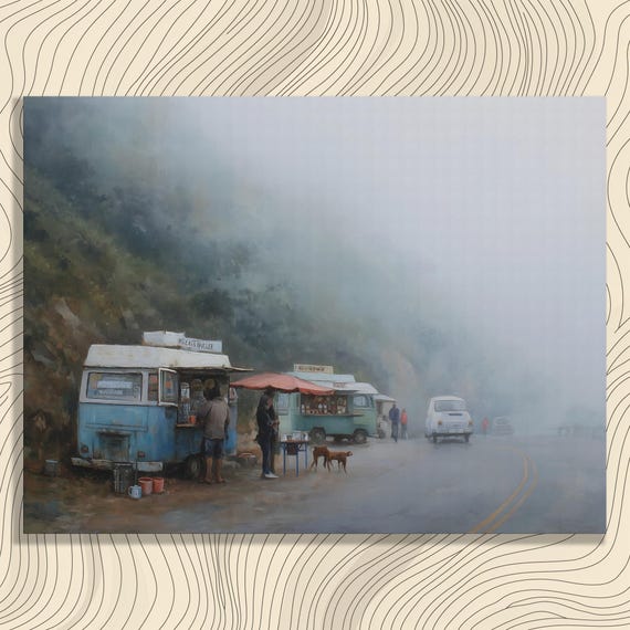 Misty Mountain Roadside Canvas Wall Art Vintage Food Truck Foggy Landscape Print Impressionist Painting