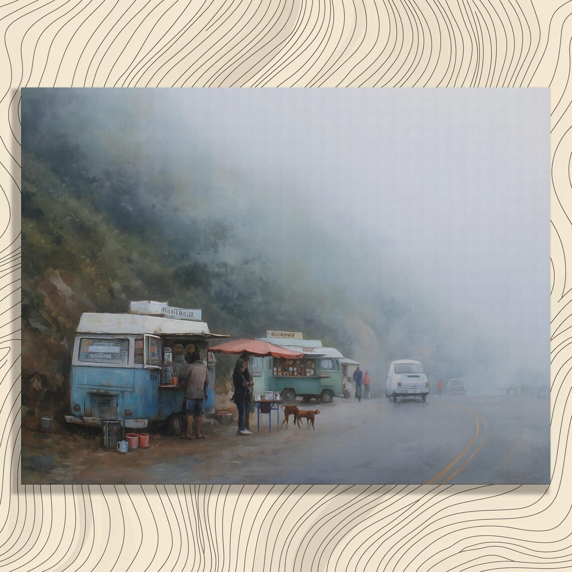 Misty Mountain Roadside Food Trucks Foggy Village Street Scene Poster