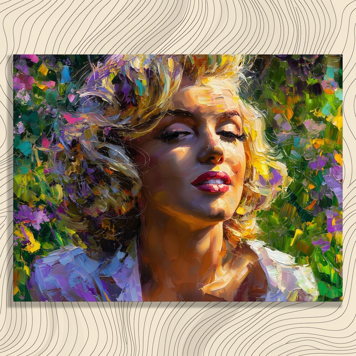 Marilyn Monroe Impressionist Portrait with Colorful Flowers Oil Style Print