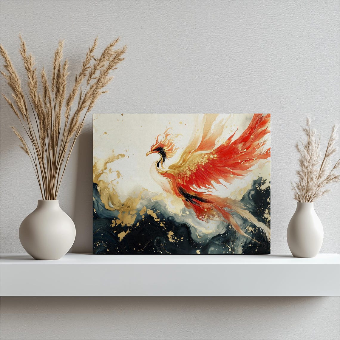 Fiery Phoenix Rising Gold Red Abstract Mythical Bird Art Poster