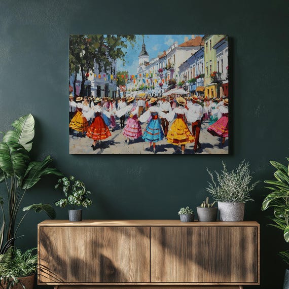 Colorful Folk Dance Canvas Wall Art Vibrant Street Festival Painting Of A European Town Square Boho Decor Cultural Celebration Cityscape