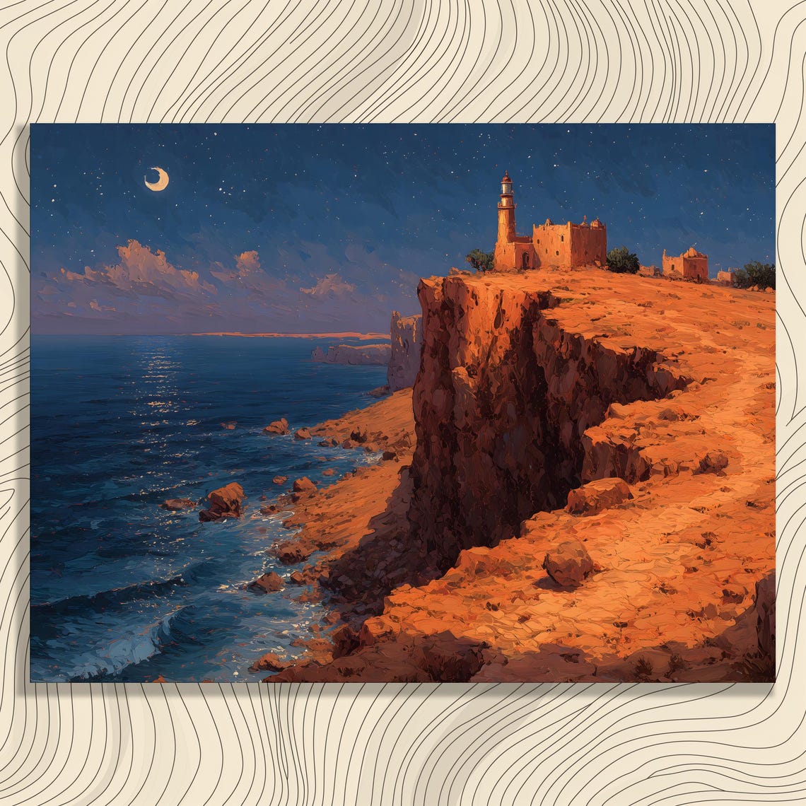 Lighthouse Ocean Night Canvas Wall Art Moonlit Coastal Modern Nautical Print Starry Seascape Painting Rocky Cliff Waves