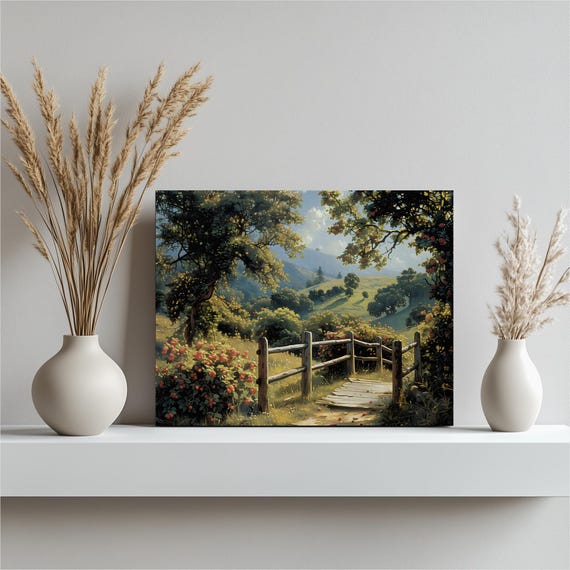 Raspberry Bushes Meadow Canvas Wall Art Rustic Wooden Bridge Country Path Landscape Print With Blue Sky Hills For Cozy Home Decor