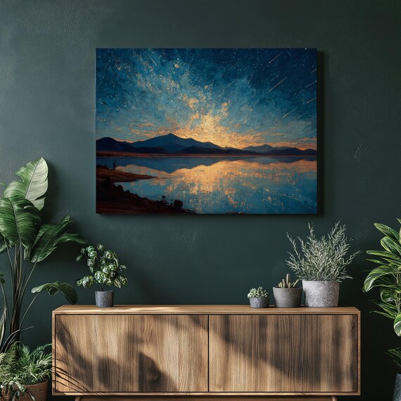 Colorful Mountain Lake Canvas Wall Art Starry Night Sky Landscape With Glowing Sunset Modern Decor Reflection Nature Print