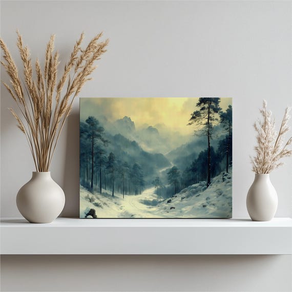 Afghan Pine Forest Canvas Wall Art Winter Mountain Valley Landscape Print With Snowy Trees Misty Sunrise Sky Winding Path Decor