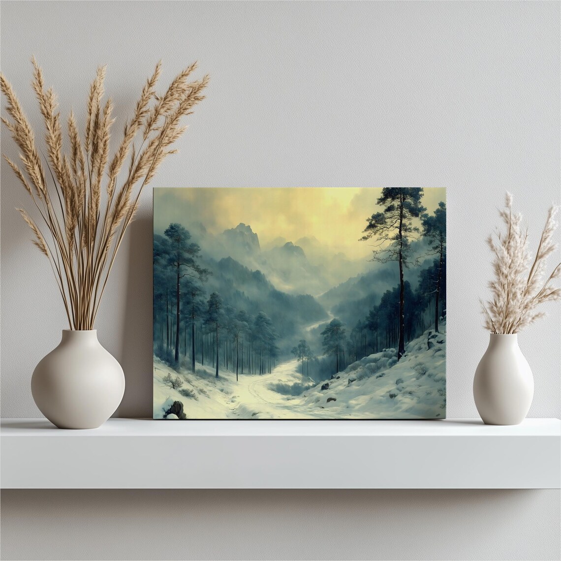 Snowy Winter Valley Pine Forest Misty Golden Sky Landscape Print