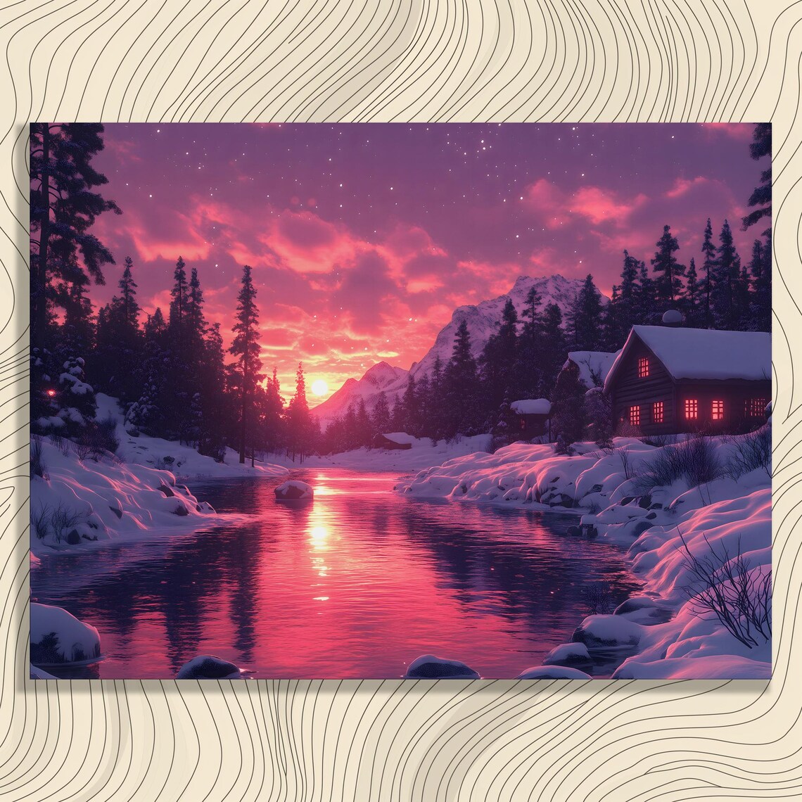 Pink Sunset Winter Cabin Riverside Snowy Mountain Landscape Poster