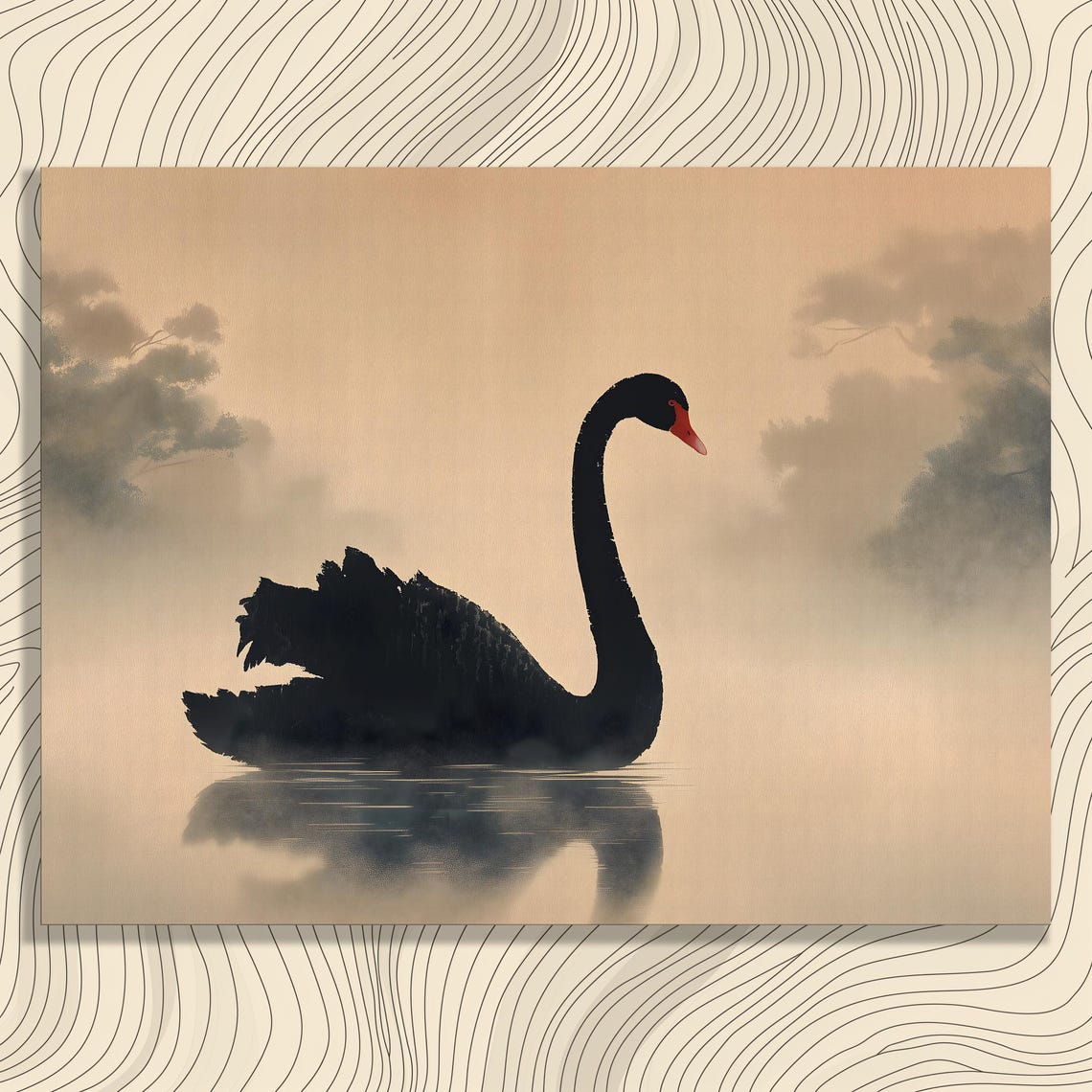Black Swan Canvas Wall Art Misty Lake Print Minimalist Nature Decor Serene Wildlife Water Reflection Neutral Beige Modern Artwork