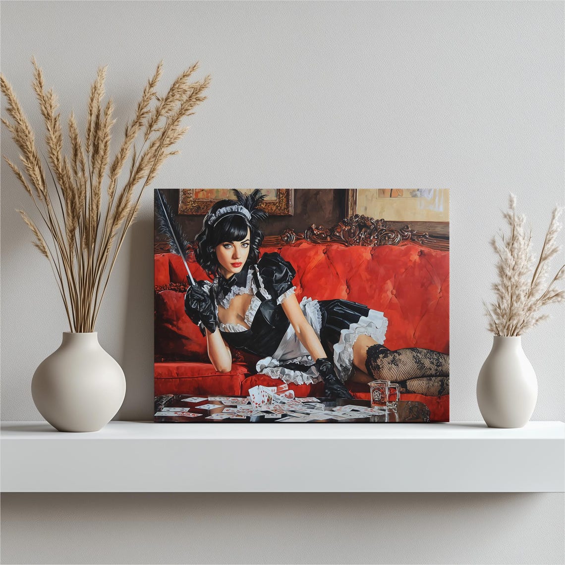 French Maid Tattooed Pin Up Seated Portrait Moody Blue Art Poster