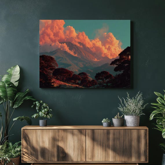 Colorful Mountain Landscape Canvas Wall Art Surreal Volcano Sunset Clouds Forest Valley Print Nature Decor Painting Gift