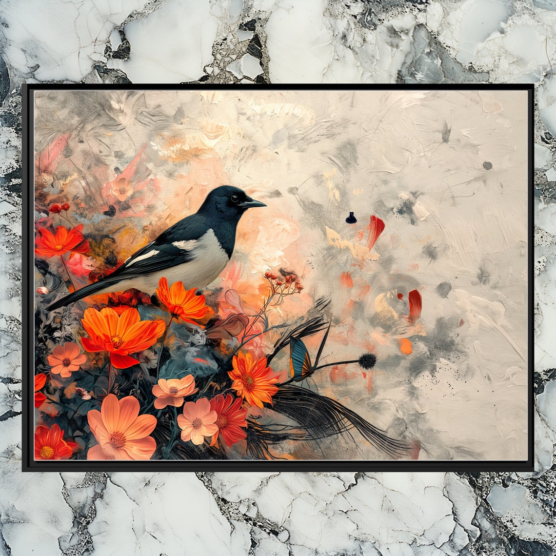 Magpie Among Orange Cosmos Flowers Painterly Bird Art Poster