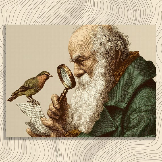 Vintage Bird Study Canvas Wall Art Naturalist Portrait With Magnifying Glass Illustration Fine Print Victorian Decor Gift