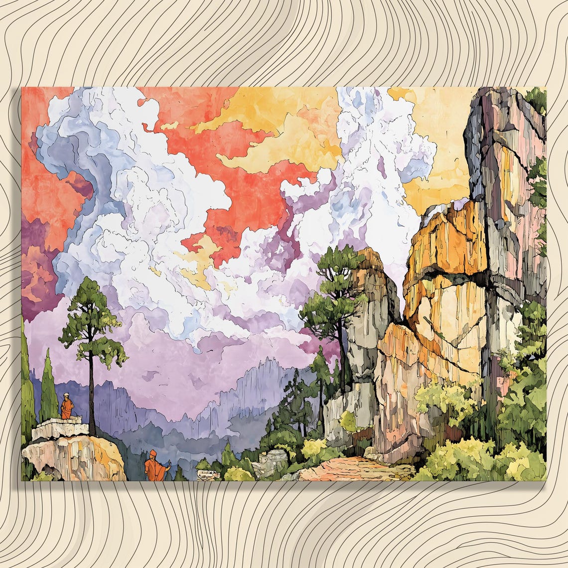 Vibrant Mountain Cliff Watercolor Painting With Monks Poster
