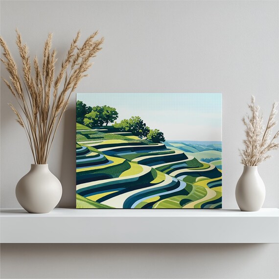 Rolling Green Terraces Modern Countryside Landscape Canvas Art Print