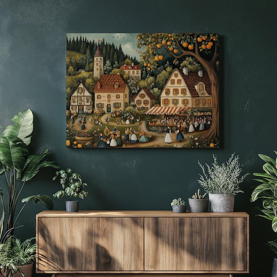 Germany Oktoberfest Canvas Wall Art Whimsical Painting Of Beer Gardens Pretzels Traditional Attire Munich Interior Decor Living Room Gift