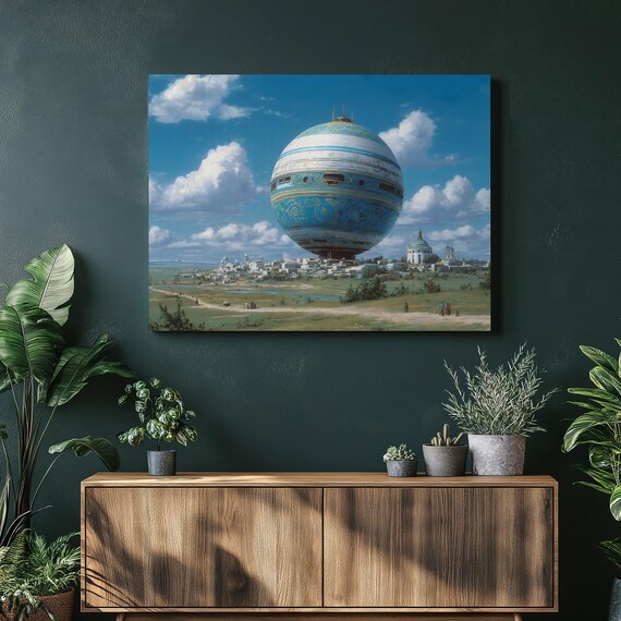 Surreal Sci Fi Canvas Wall Art Futuristic City Floating Orb Landscape Colorful Cityscape Painting Modern Print Decor