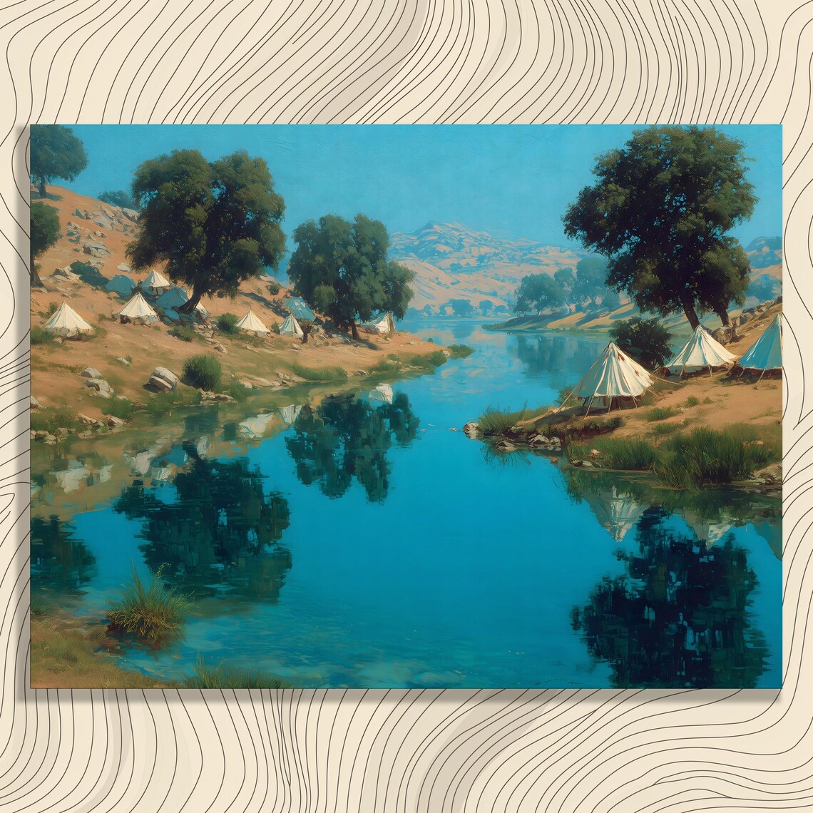 Riverside Campsite Tents Turquoise River Vintage Landscape Poster