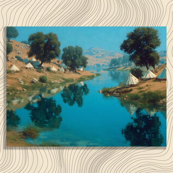 Serene Riverside Campsite Canvas Wall Art Rustic River Landscape Painting Blue Nature Print Outdoor Cabin Decor Gift For Hikers