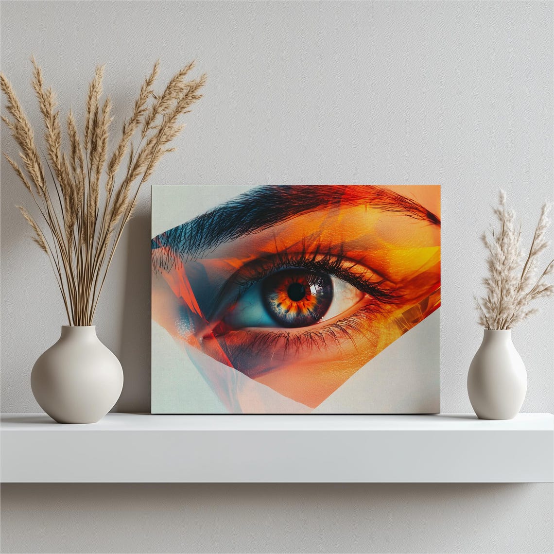 Double Exposure Human Eye Fiery Orange Abstract Canvas Wall Art