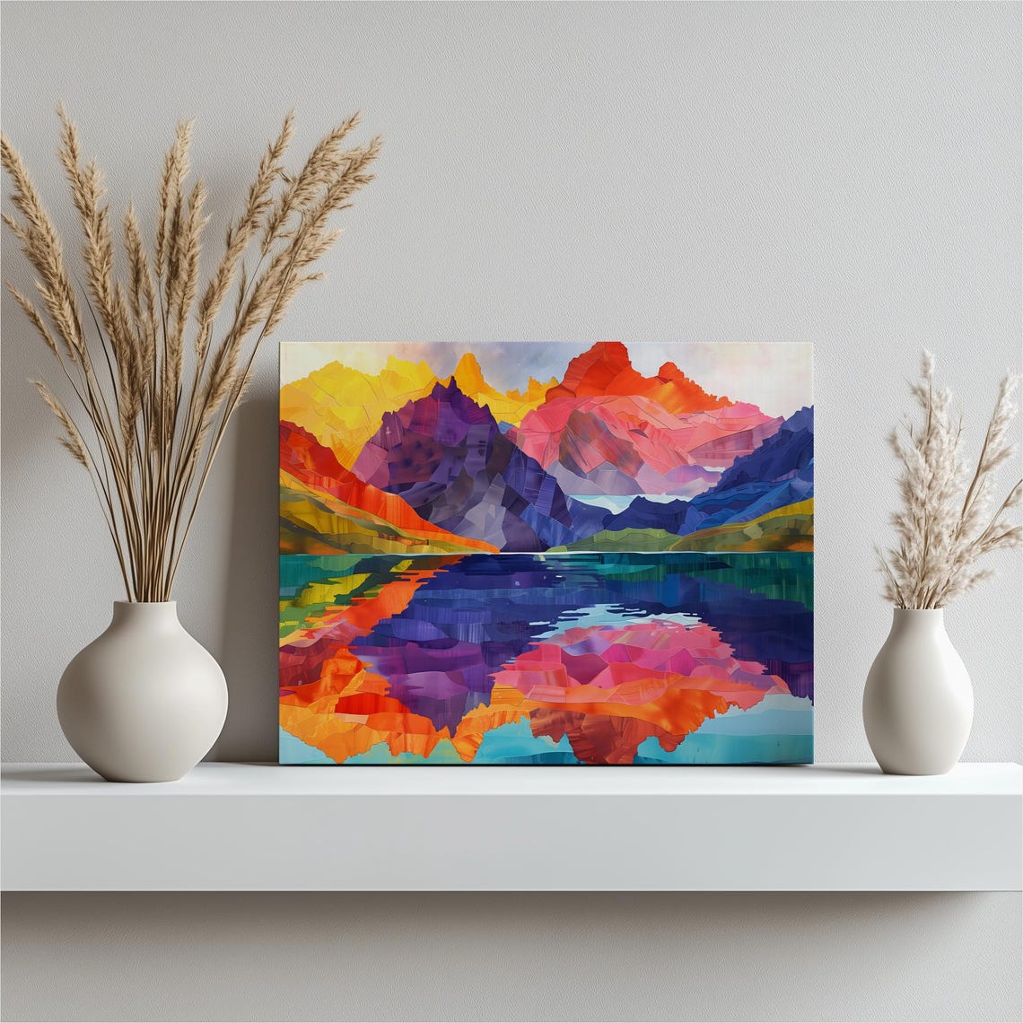 Vibrant Mountain Lake Canvas Wall Art Colorful Abstract Landscape With Reflections